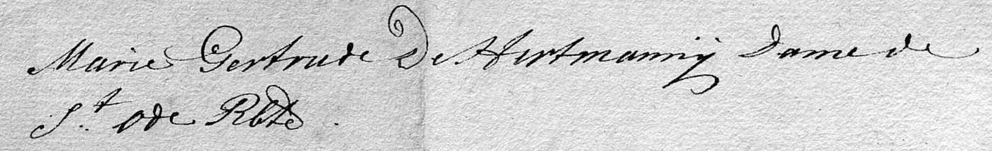 Eigenhändige Unterschrift „Marie Gertrude de Hertmanni, Dame de St Ode, relicte“ am Fuß ihrer Duplique.